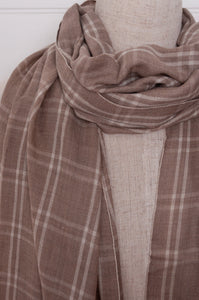 DVE woven cashmere scarf in natural and ecru windowpane check.