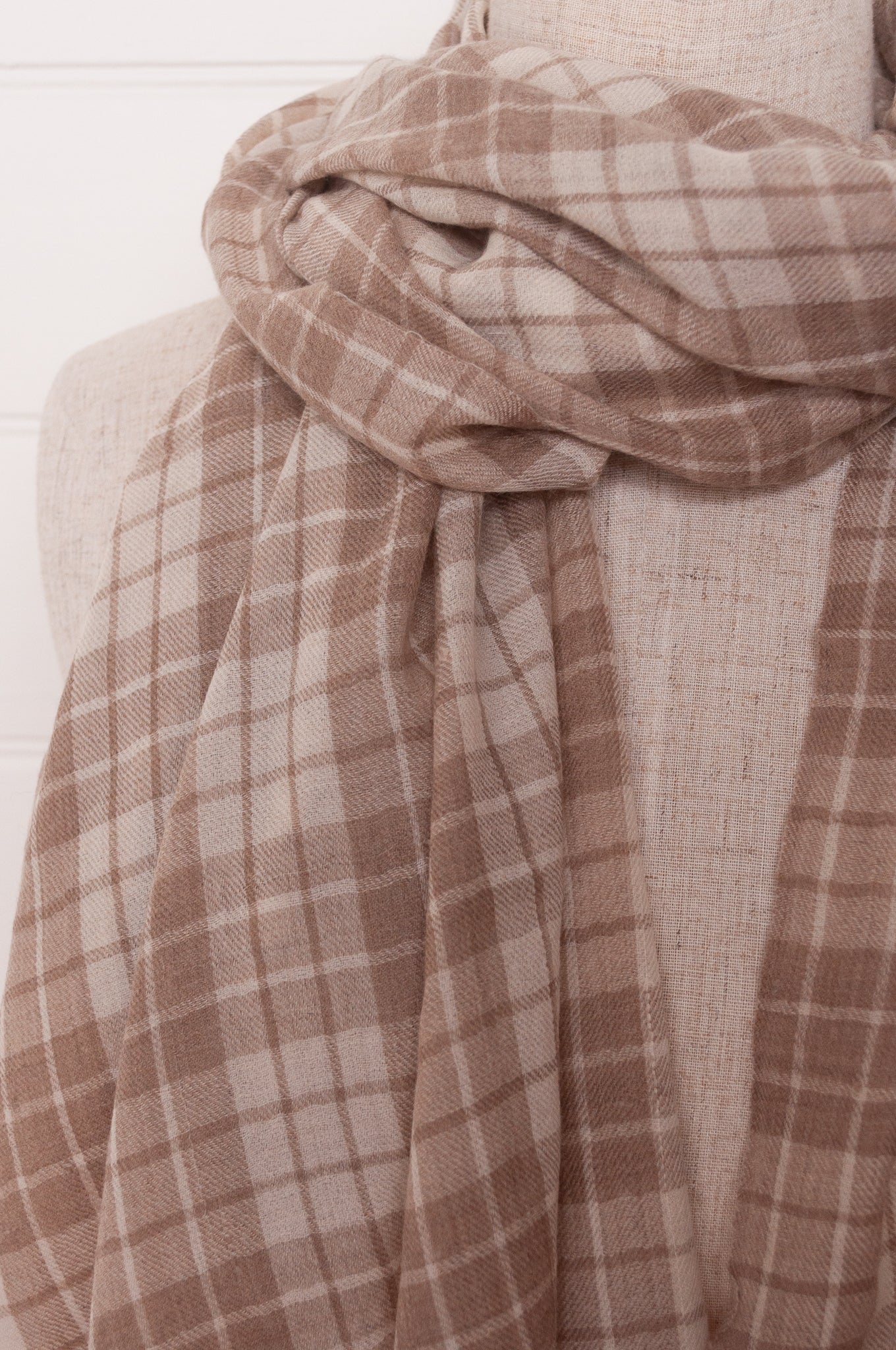 DVE woven cashmere scarf in natural and ecru plaid check.