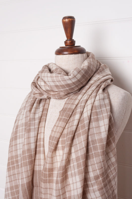 DVE woven cashmere scarf in natural and ecru plaid check.