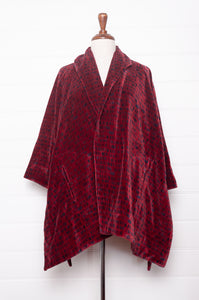 Neeru Kumar ruby red cotton velvet blockprinted A-line swing jacket.