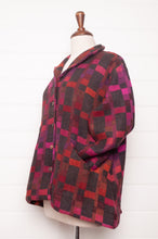 Load image into Gallery viewer, Neeru Kumar handwoven wool button up jacket in magenta, red and charcoal check.