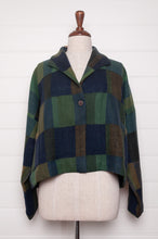 Load image into Gallery viewer, Neeru Kumar handwoven wool blanket check cropped loose fit jacket in indigo navy and emerald green.