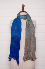 Load image into Gallery viewer, Neeru Kumar pure silk shibori pleat scarf in cobalt blue, aqua and pewter.