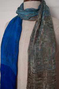 Neeru Kumar pure silk shibori pleat scarf in cobalt blue, aqua and pewter.