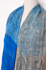 Neeru Kumar pure silk shibori pleat scarf in cobalt blue, aqua and pewter.