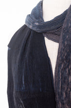Load image into Gallery viewer, Neeru Kumar pure wool crinkle finish shibori scarf in indigo blue and charcoal grey.