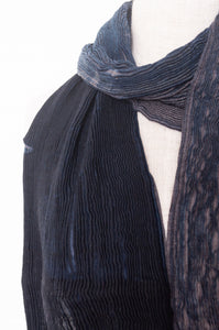 Neeru Kumar pure wool crinkle finish shibori scarf in indigo blue and charcoal grey.