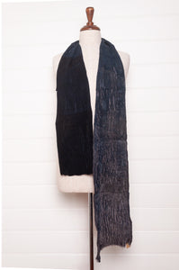 Neeru Kumar pure wool crinkle finish shibori scarf in indigo blue and charcoal grey.
