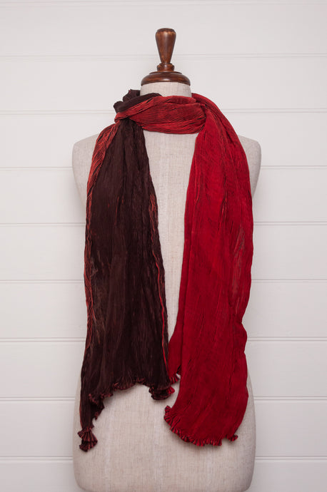 Neeru Kumar pure silk shibori pleat scarf in crimson red and deep burgundy.