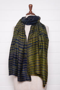 Neeru Kumar fine wool scarf im indigo blue and olive green stripes.