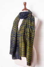 Load image into Gallery viewer, Neeru Kumar fine wool scarf im indigo blue and olive green stripes.