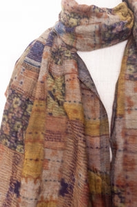 Neeru Kumar fine wool scarf digital print kantha patchwork in olive tones.