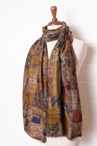 Neeru Kumar fine wool scarf digital print kantha patchwork in olive tones.