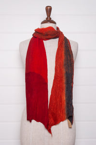 Neeru Kumar pure wool crinkle finish shibori scarf in crimson and deep indigo..