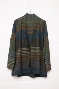 Neeru Kumar cardigan style jacket handwoven wool stripes of green, indigo, olive, taupe and charcoal.
