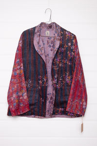 DVE Collection one of a kind reversible silk kantha Neeli jacket has a floeral print on deep purple and crimson one side,  and a small floral print on the reverse on soft violet.
