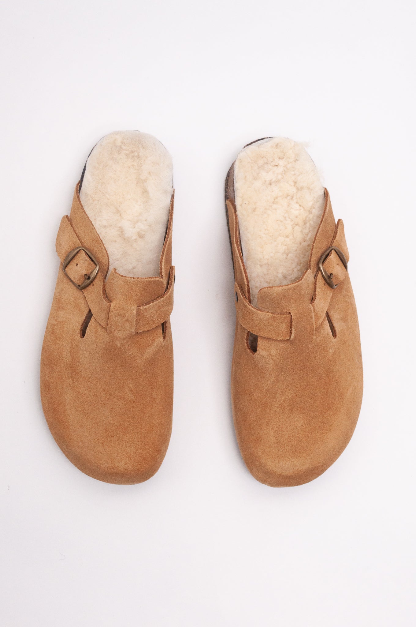 Bosabo tan suede sabot Leon sheepskin lined slip on clog with cork sole.