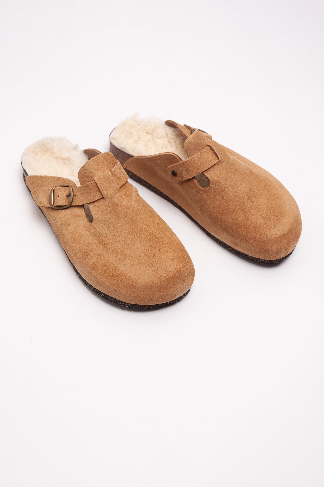 Bosabo tan suede sabot Leon sheepskin lined slip on clog with cork sole.