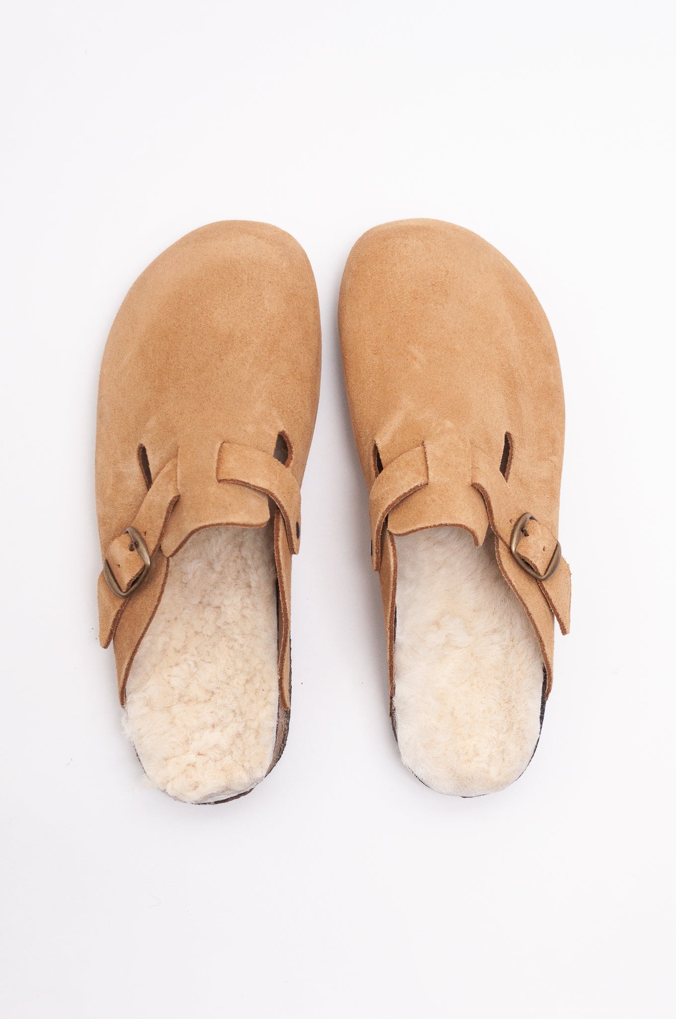 Bosabo tan suede sabot Leon sheepskin lined slip on clog with cork sole.
