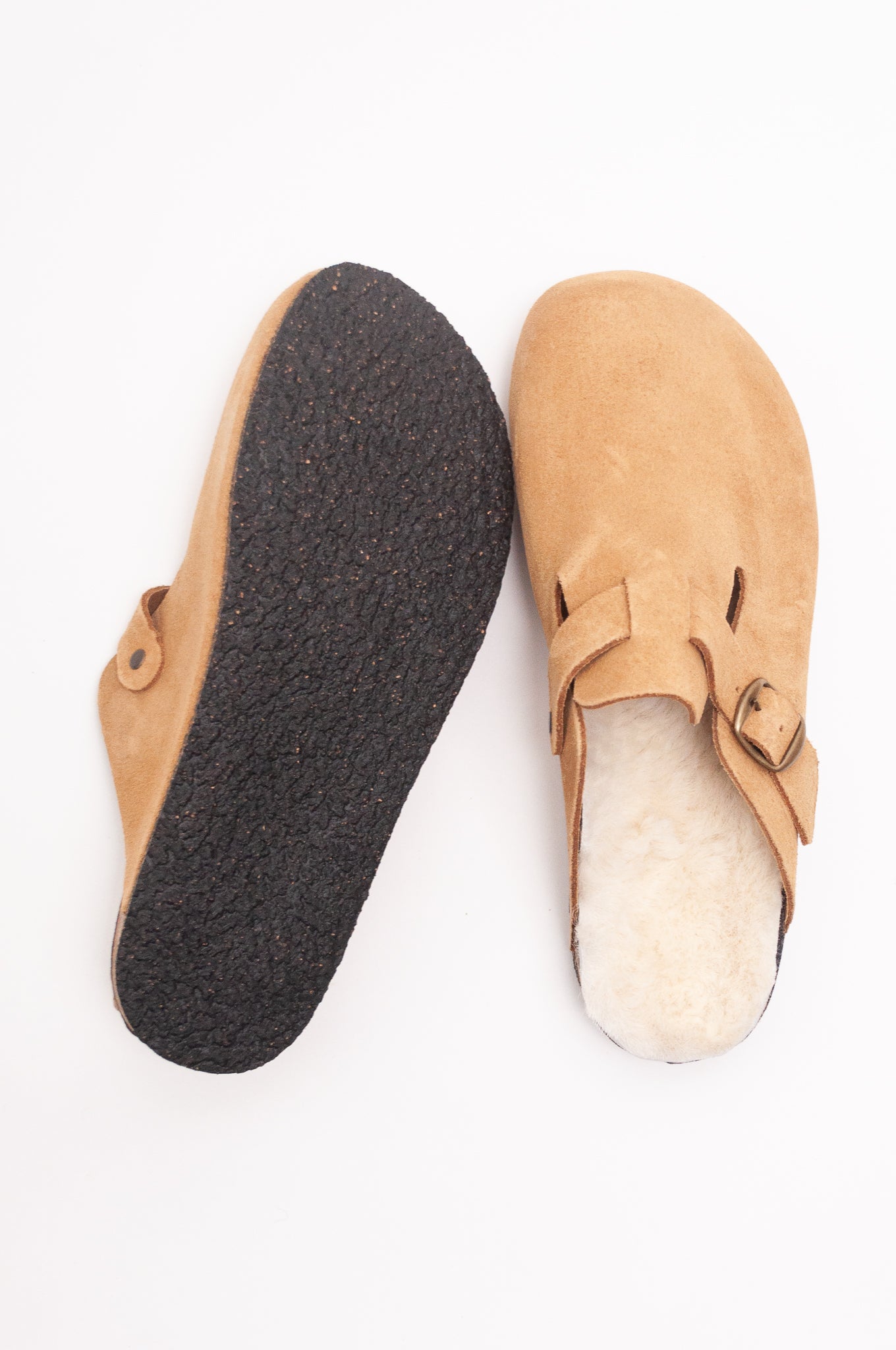 Bosabo tan suede sabot Leon sheepskin lined slip on clog with cork sole.