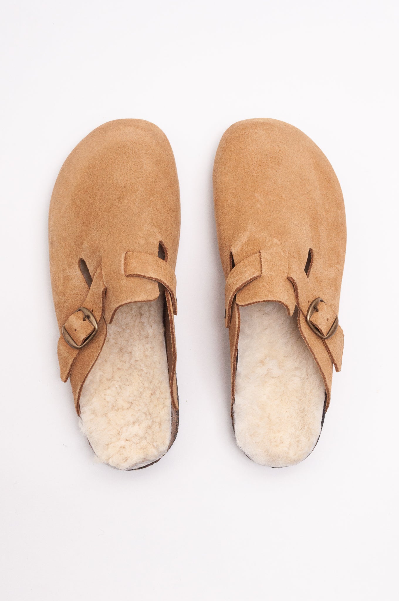 Bosabo tan suede sabot Leon sheepskin lined slip on clog with cork sole.