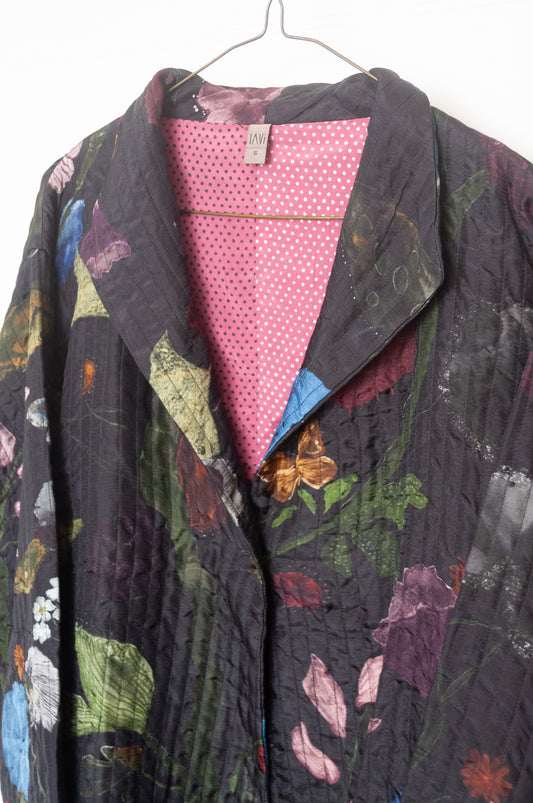Yavi quilted silk jacket in Vine garden print on ink black, pink block print silk lining.