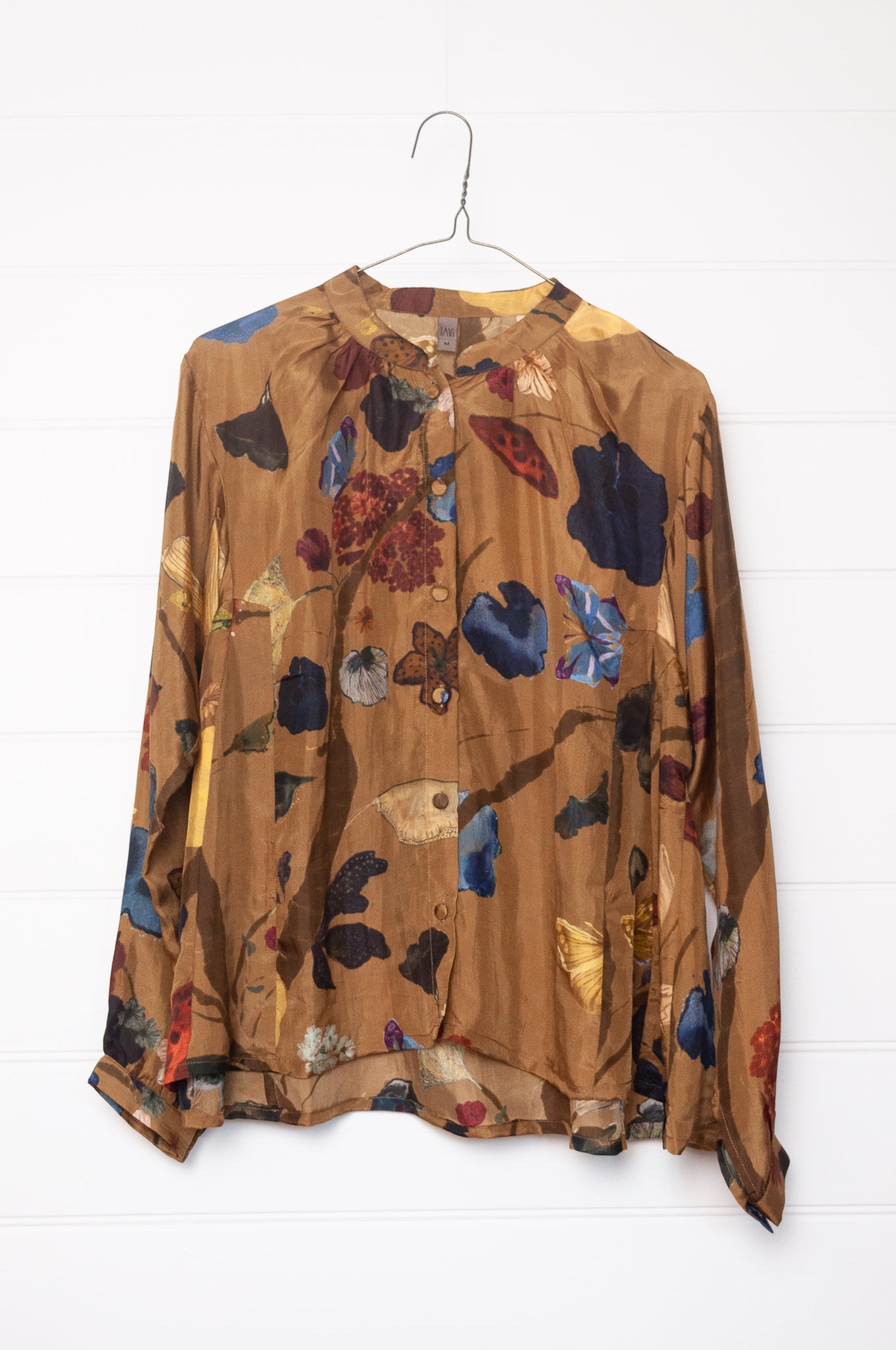 Yavi Tawny silk blouse in Vine garden print on mustard.