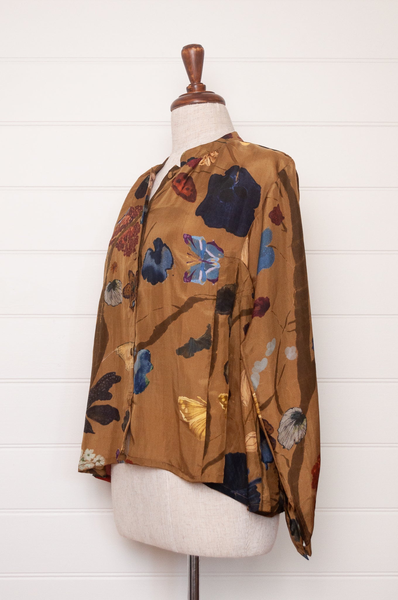 Yavi Tawny silk blouse in Vine garden print on mustard.