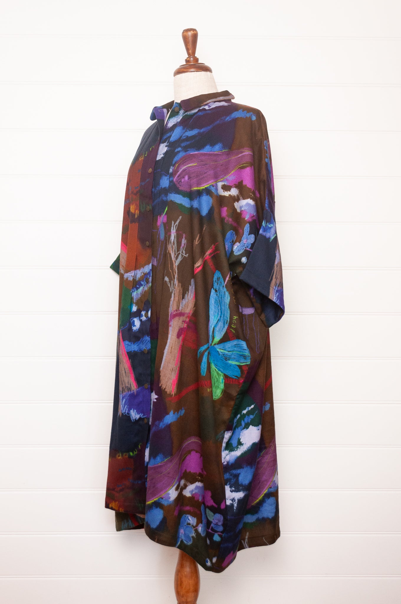 Yavi wool cotton viyella oversized shirt dress in Unwilted print on russet brown.