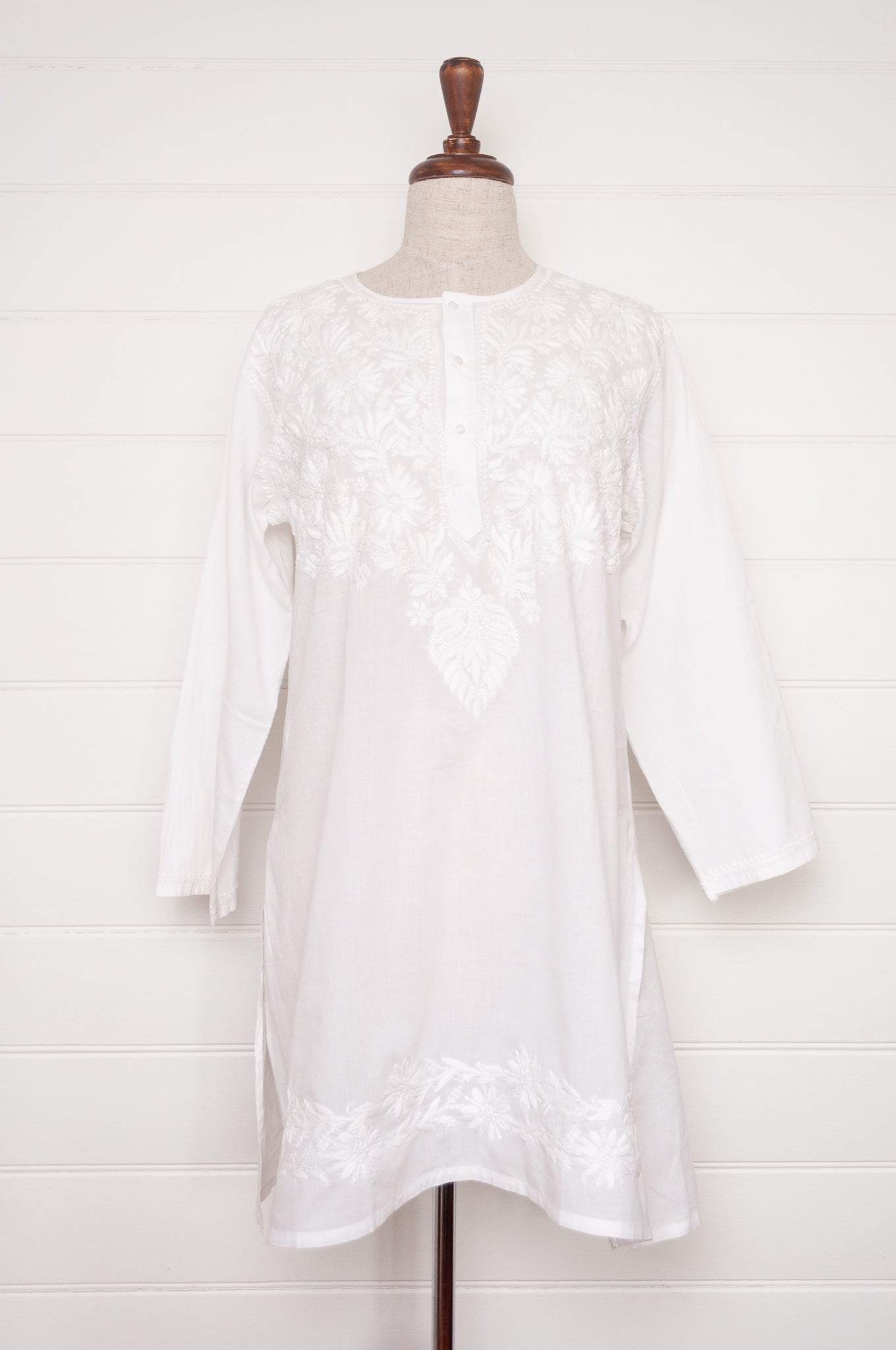 Chikankari white on white embroidered button up long kurta top.