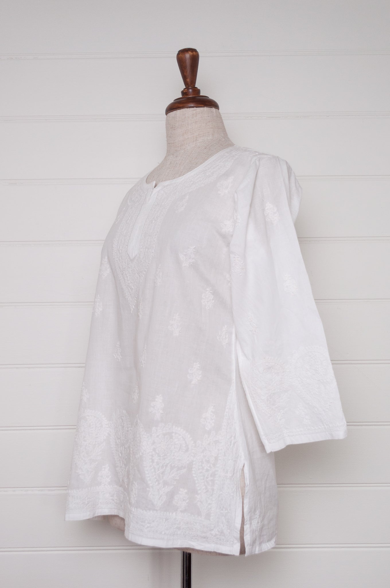 White on white embroidery chikankari cotton kurta top.