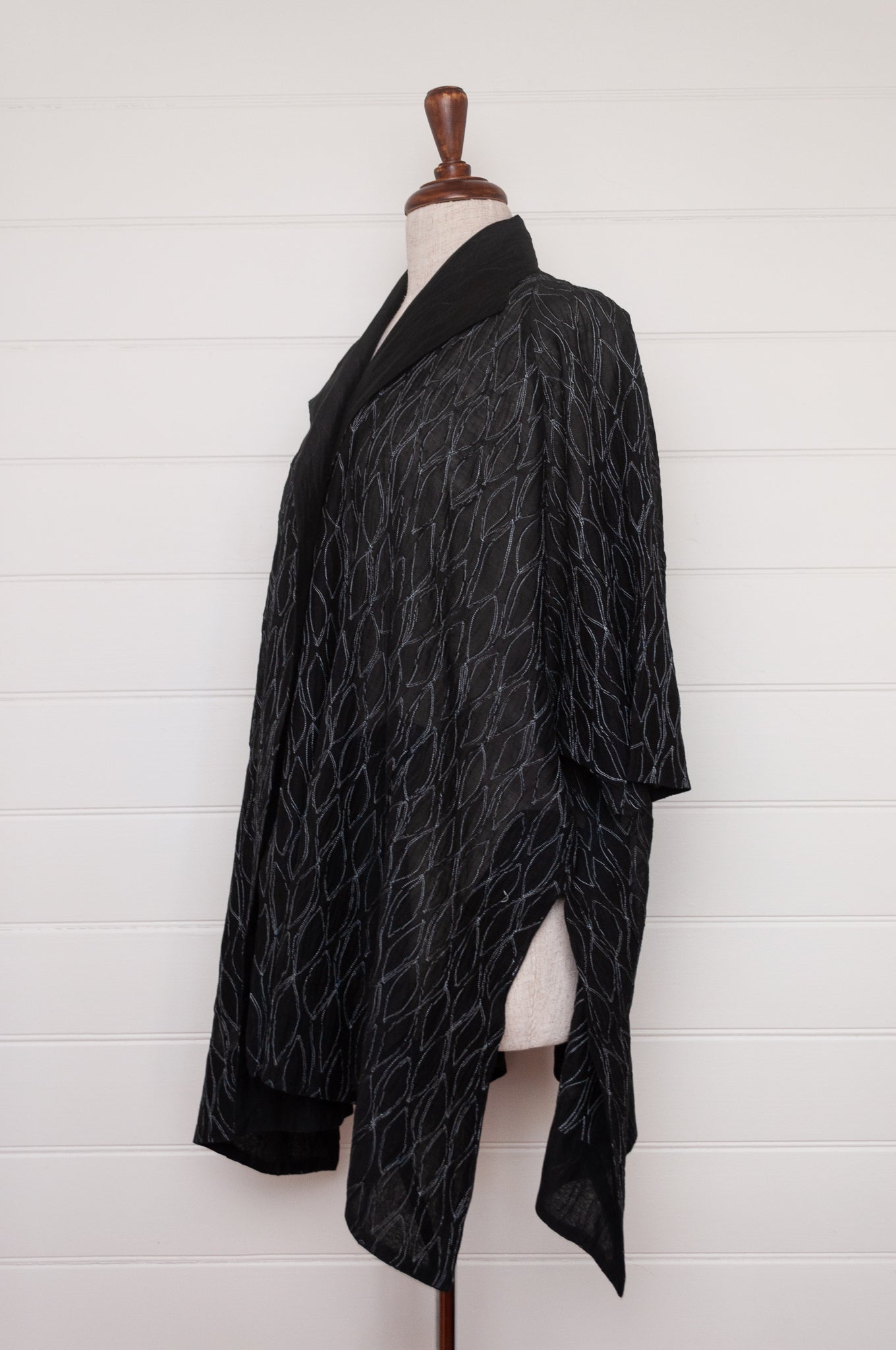 Classic Neeru Kumar cotton silk oversized kimono jacket in black, with white embroidery and unlined.