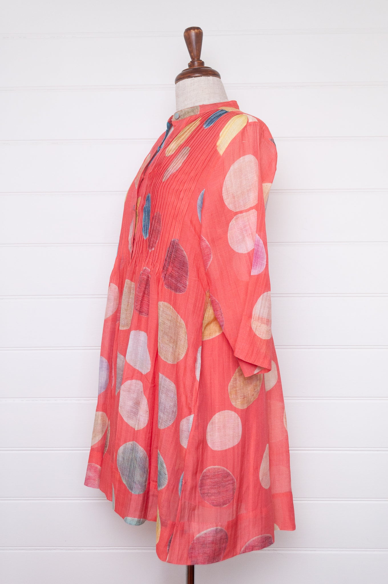 Neeru Kumar fine cotton silk tunic with multi colour spots on peach pink.