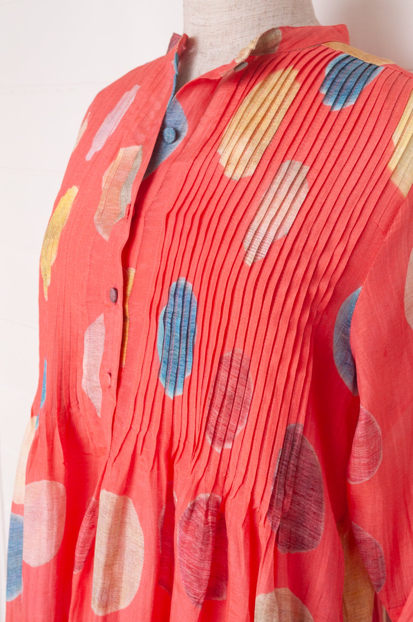 Neeru Kumar fine cotton silk tunic with multi colour spots on peach pink.