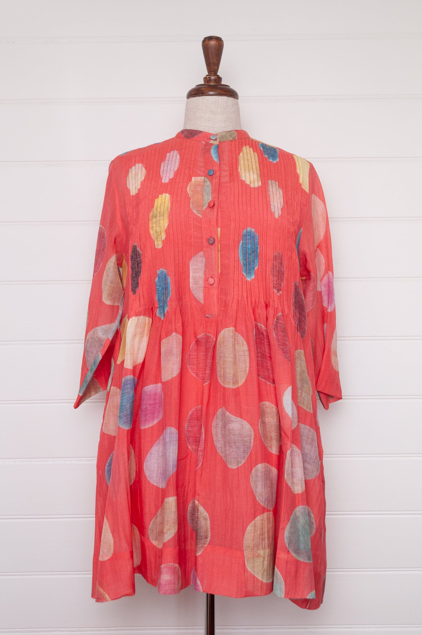 Neeru Kumar fine cotton silk tunic with multi colour spots on peach pink.