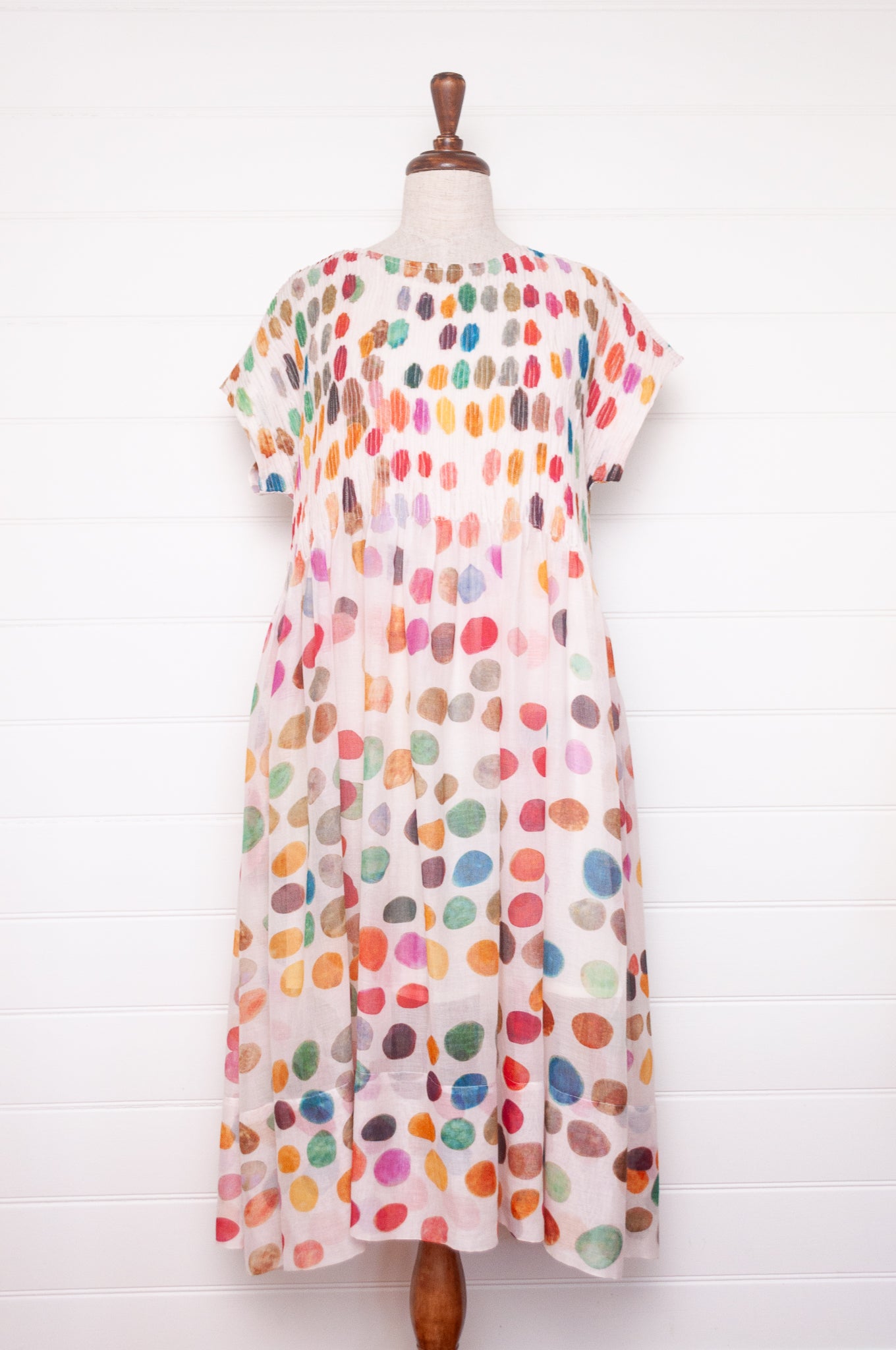 Neeru Kumar fine cotton sun dress with pintucked bodice and cap sleeves. Large multi coloured spots on white.