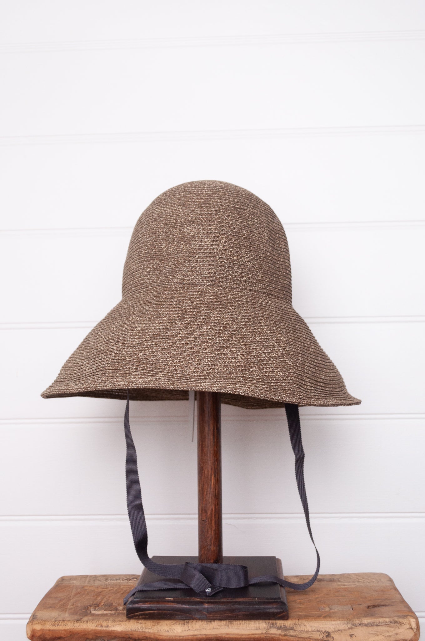 PCNQ made in Japan Leonie foldable paper hat in brown with charcoal ribbon.