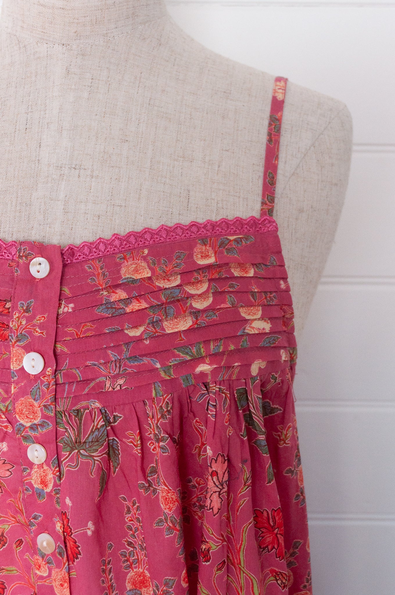 Juniper Hearth cotton voile nightdress in raspberry pink floral print.