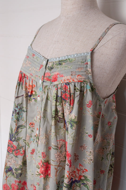 Juniper Hearth 100% cotton, screen printed by hand floral print summer nightdress nighty in duck egg blue.