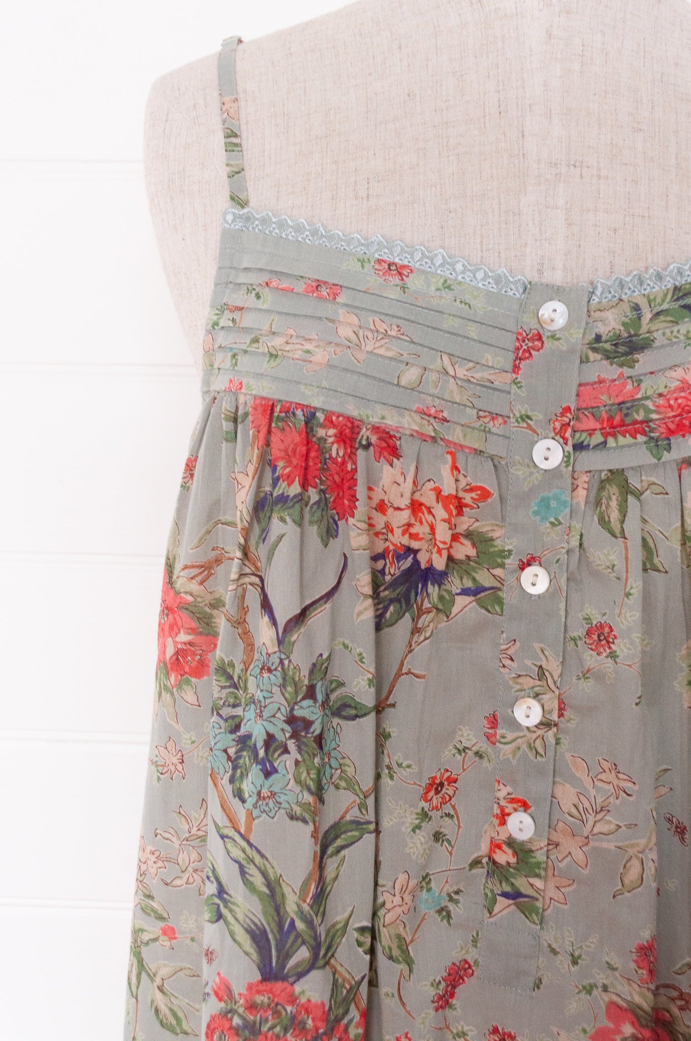 Juniper Hearth 100% cotton, screen printed by hand floral print summer nightdress nighty in duck egg blue.