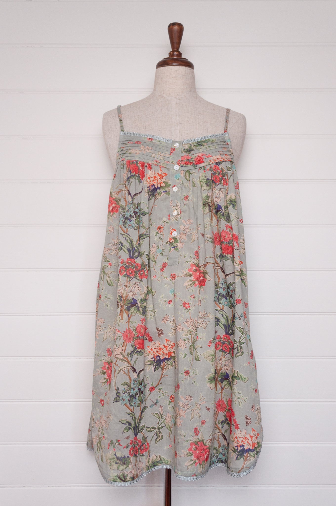 Juniper Hearth 100% cotton, screen printed by hand floral print summer nightdress nighty in duck egg blue.