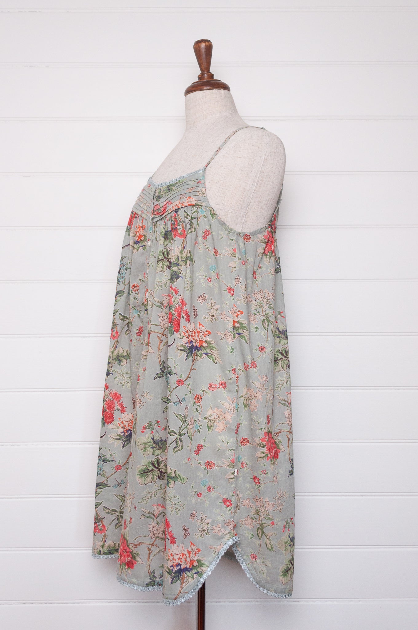 Juniper Hearth 100% cotton, screen printed by hand floral print summer nightdress nighty in duck egg blue.