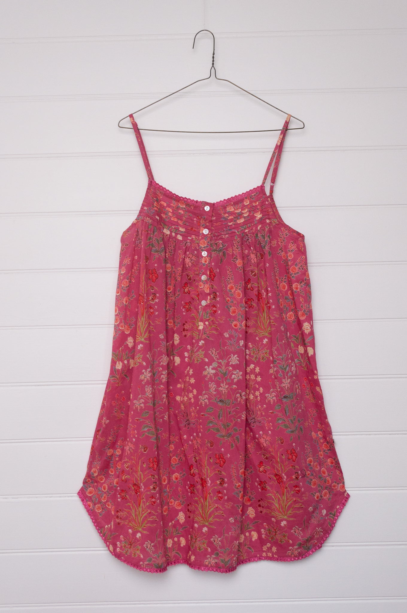 Juniper Hearth cotton voile nightdress in raspberry pink floral print.