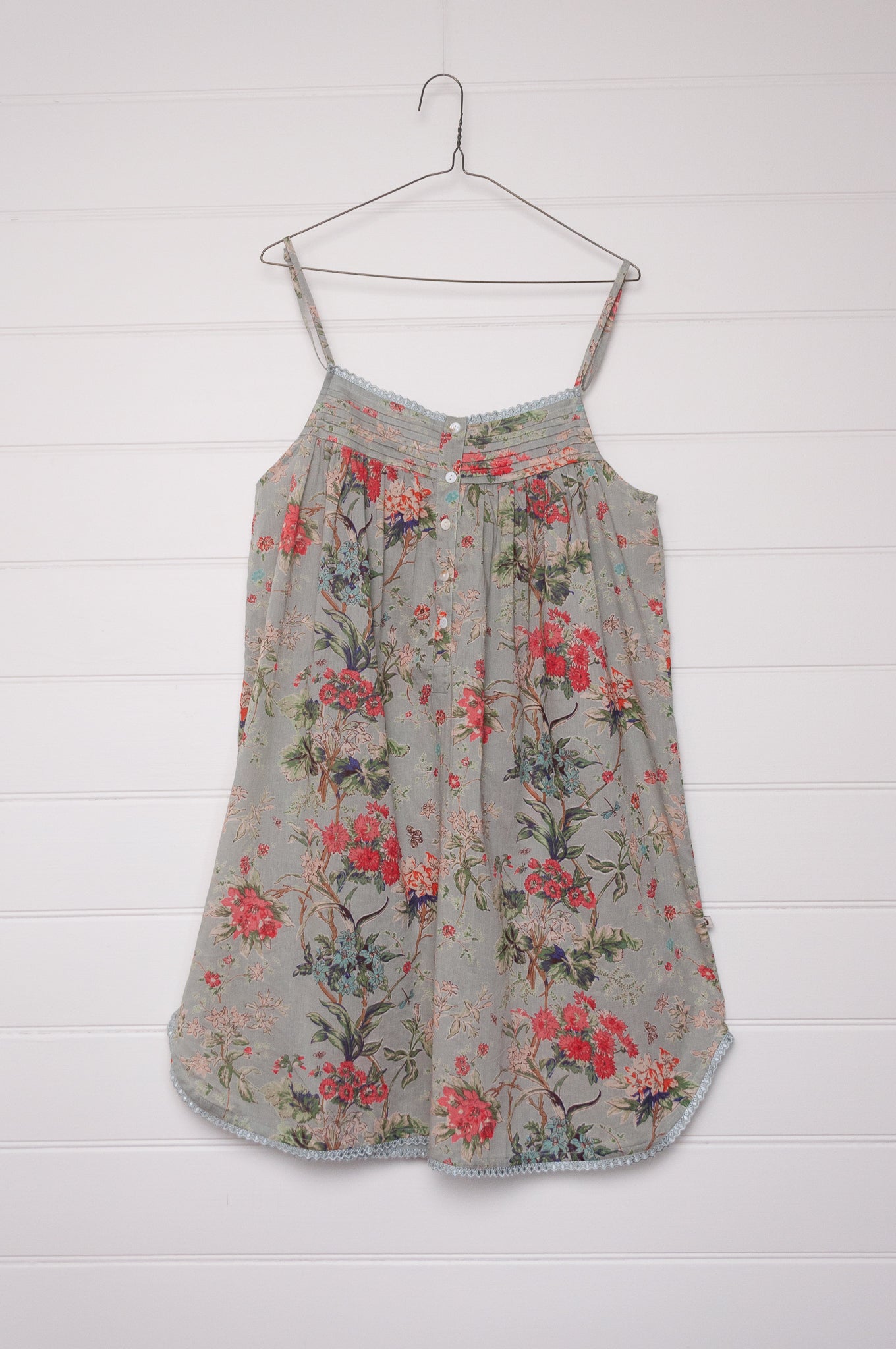 Juniper Hearth 100% cotton, screen printed by hand floral print summer nightdress nighty in duck egg blue.