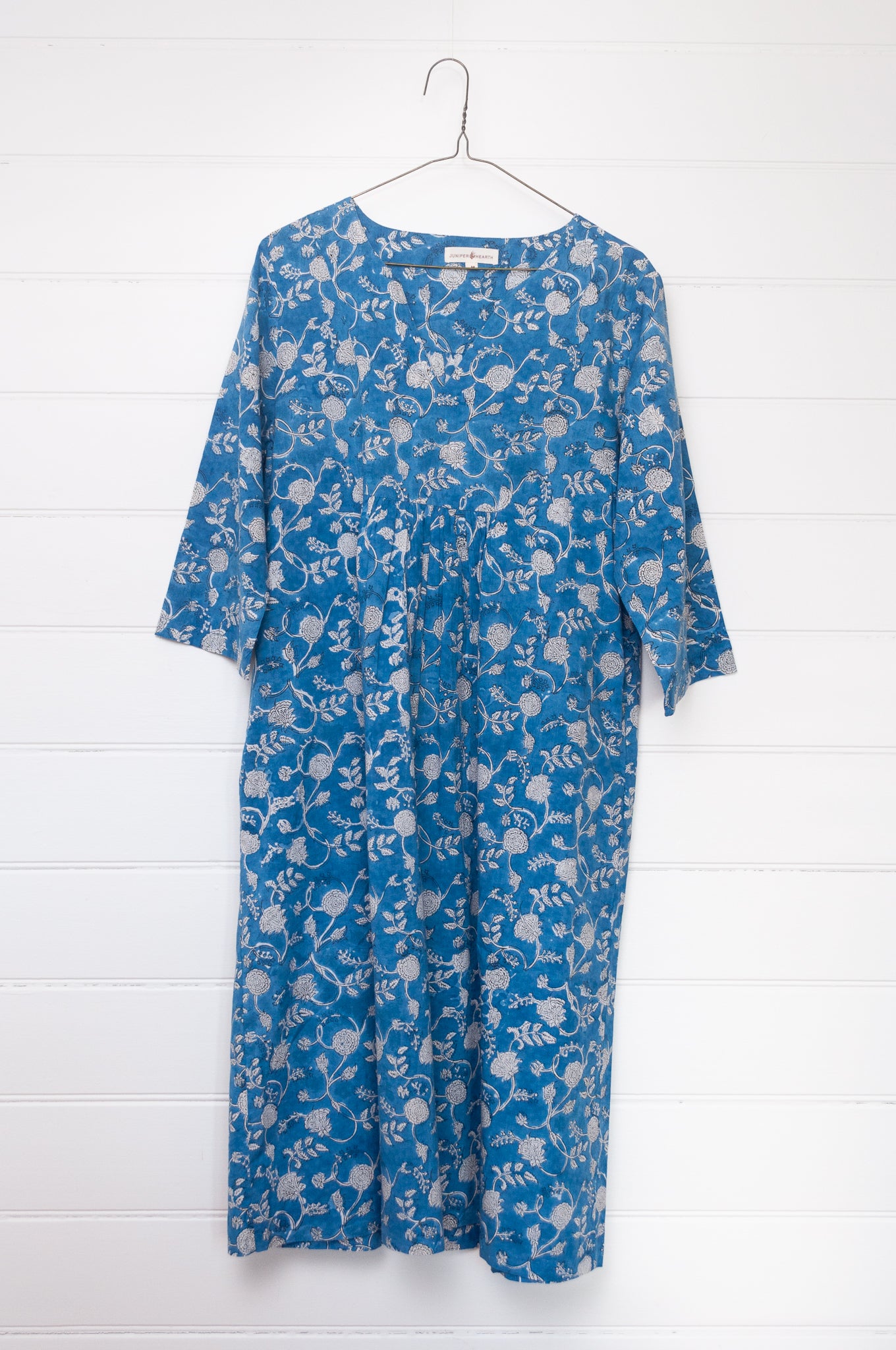 Juniper Hearth three quarter sleeve easy fit tunic dress in blockprinted cotton, blue and white floral design.