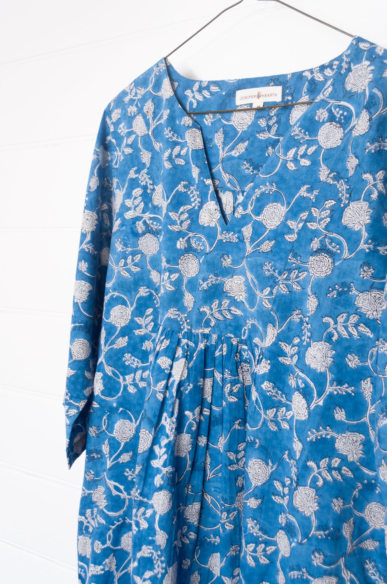 Juniper Hearth three quarter sleeve easy fit tunic dress in blockprinted cotton, blue and white floral design.