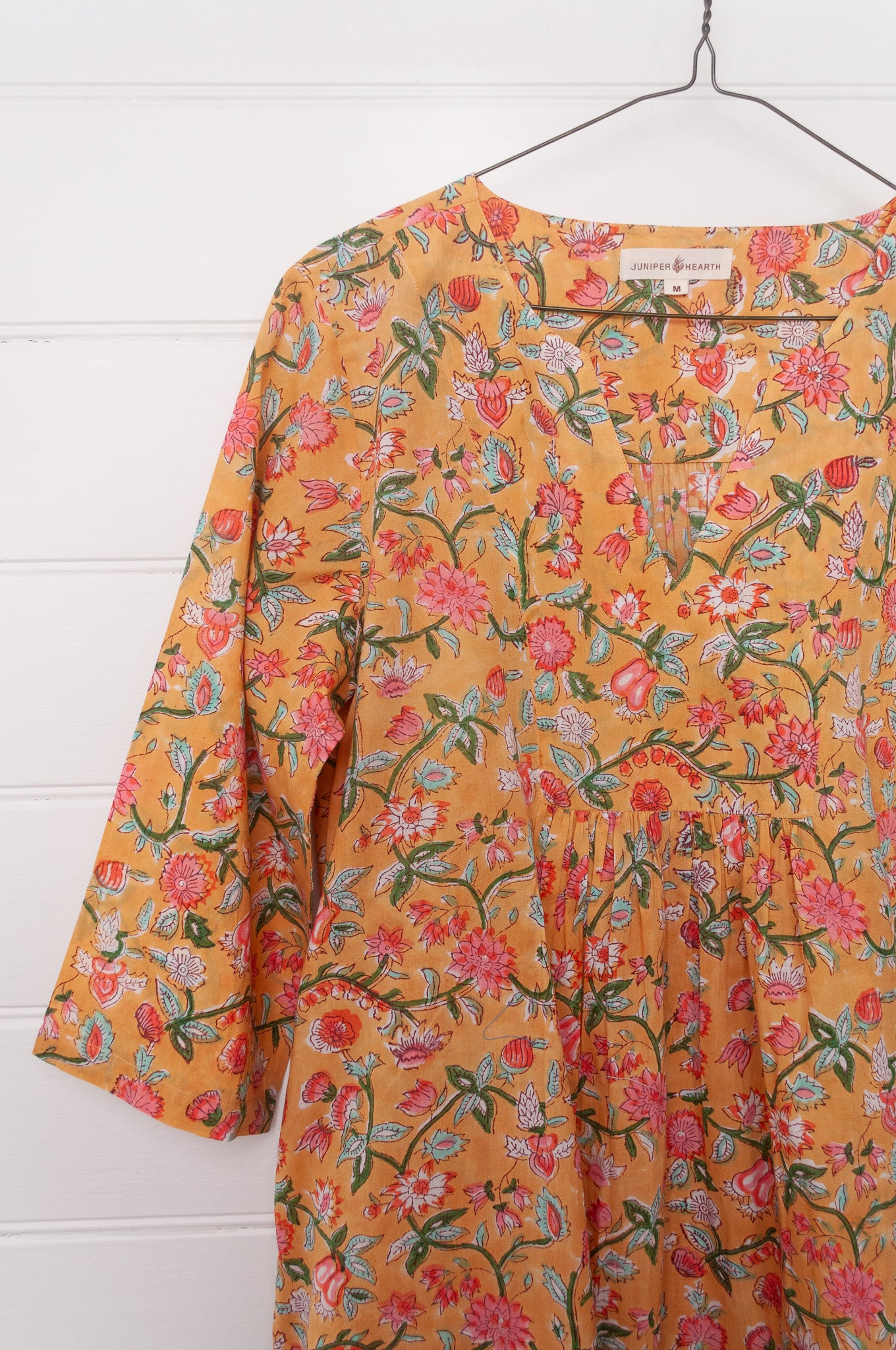 Juniper Hearth blockprint cotton Thea 3/4 sleeve dress in saffron yellow floral design.