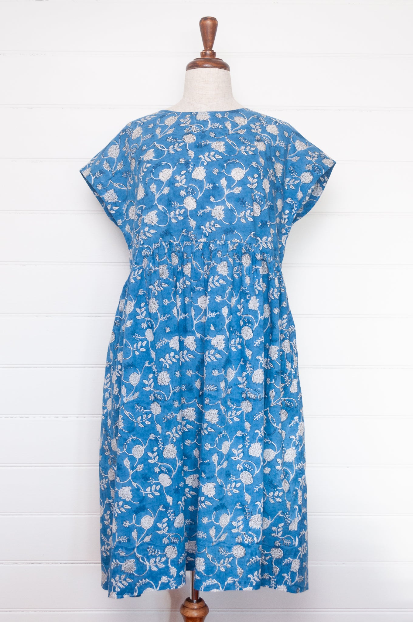 Juniper Hearth blockprint cotton dress with gathered skirt and pockets, in blue and white floral.