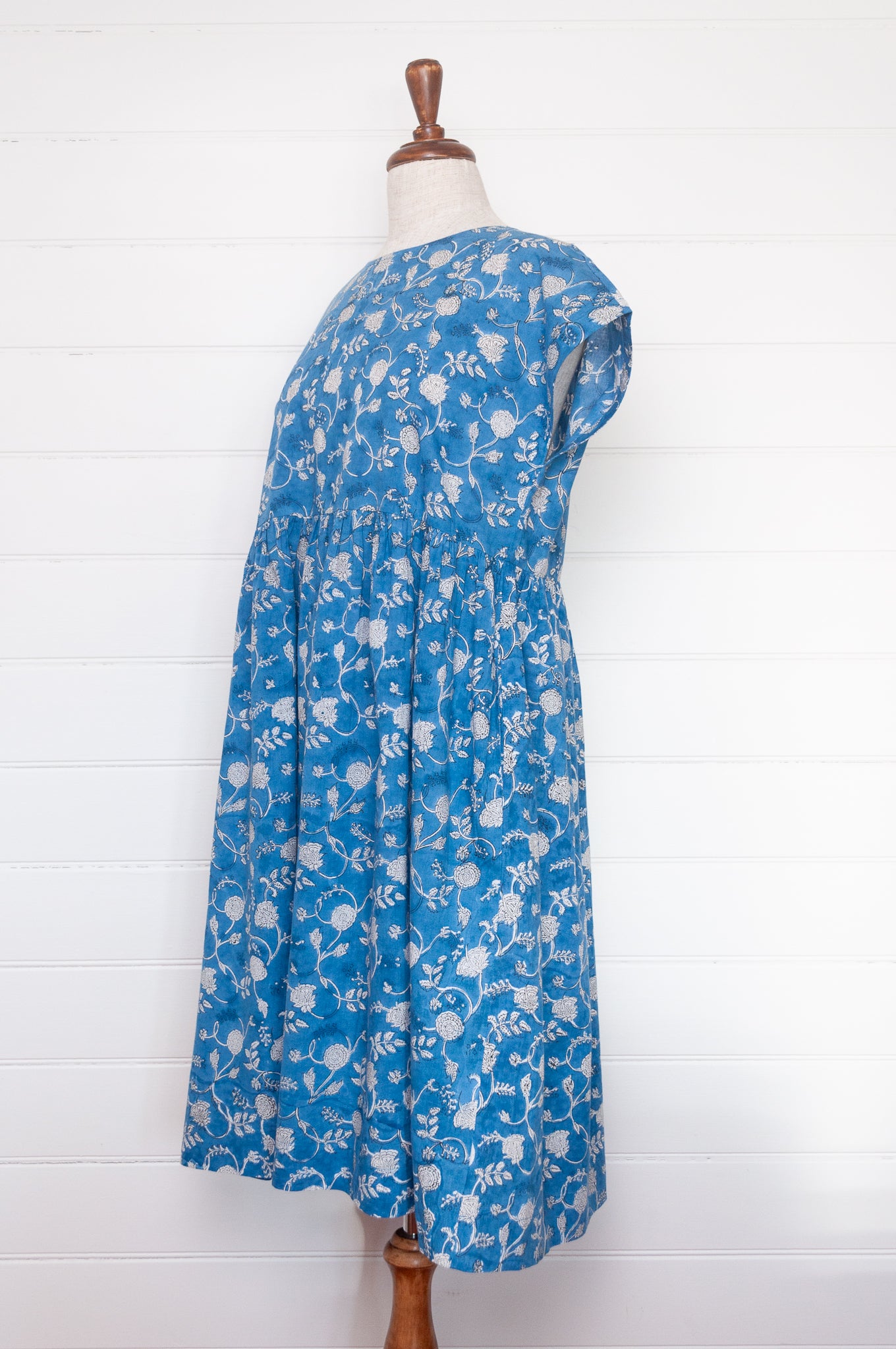 Juniper Hearth blockprint cotton dress with gathered skirt and pockets, in blue and white floral.