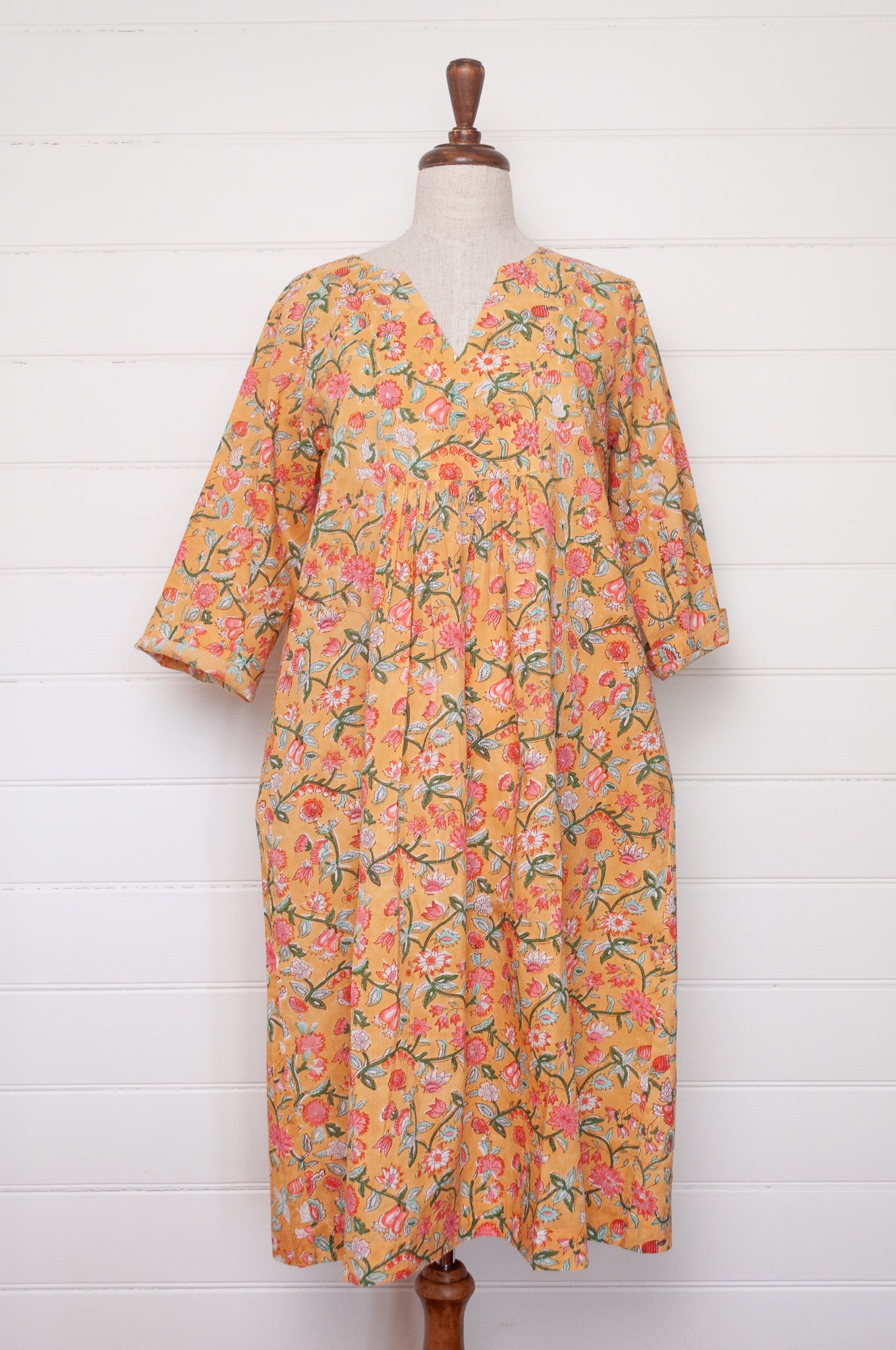 Juniper Hearth blockprint cotton Thea 3/4 sleeve dress in saffron yellow floral design.